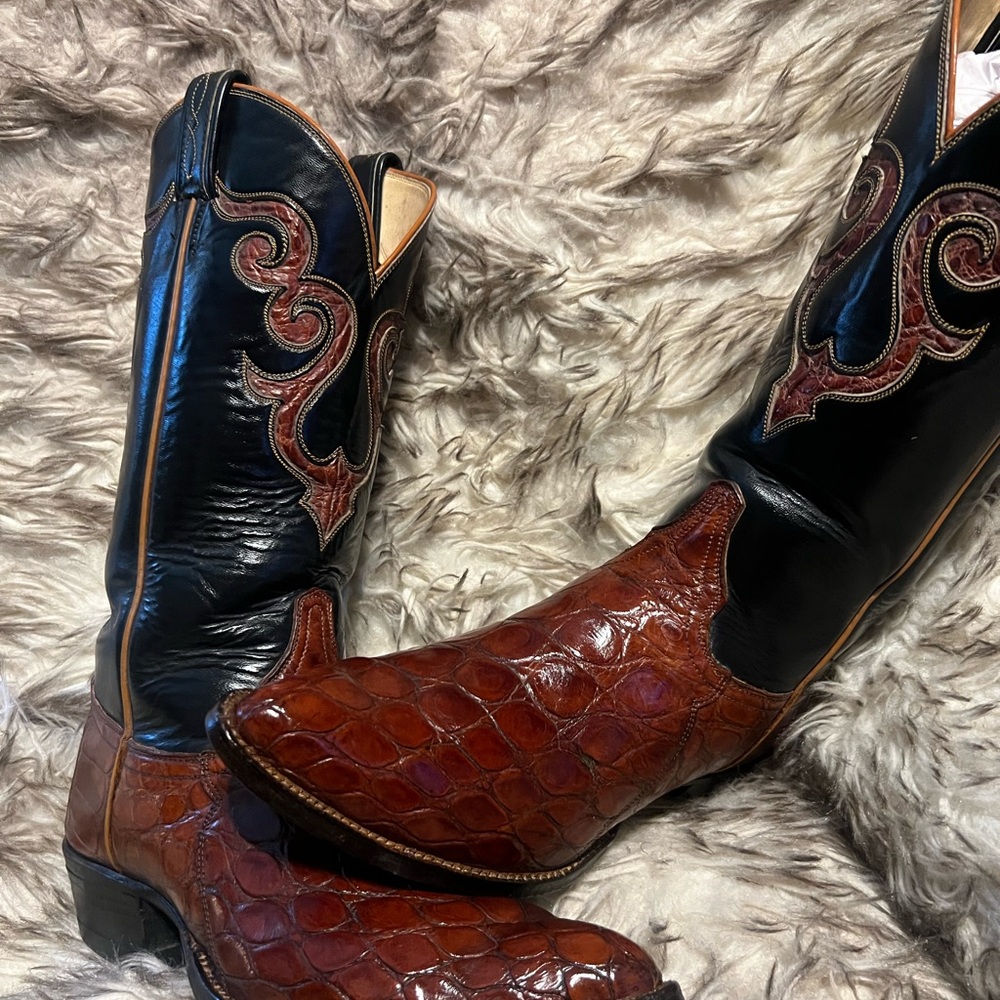 Tony Lama MEN CAIMAN & LEATHER WESTERN BOOTS-cognac-Sz 8 D
